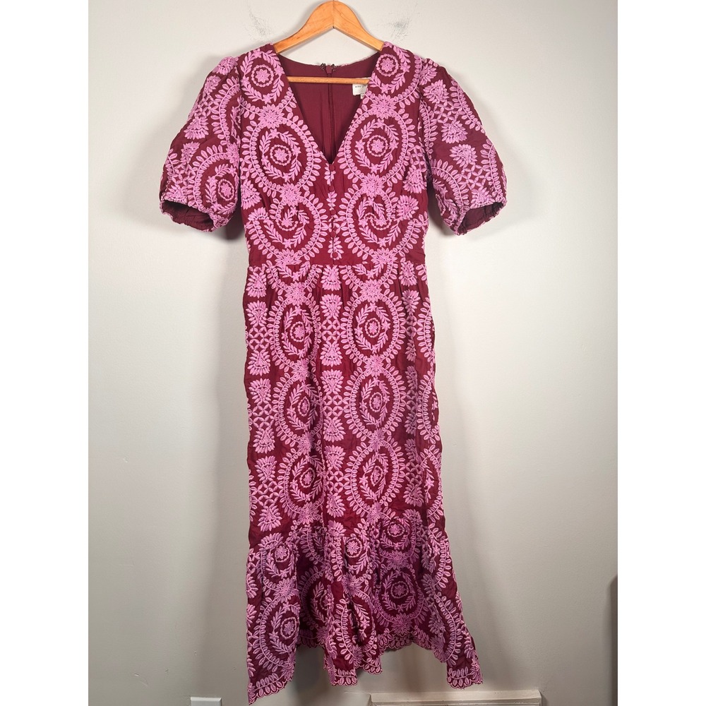 Adelyn Rae Luisa Midi Dress Womens Small Burgundy Pink Embroidered Puff Sleeve